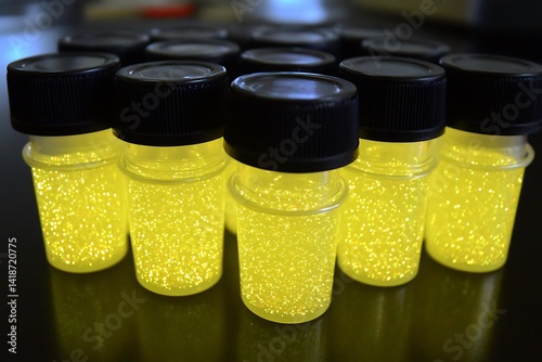 Small glass vials filled with luminescent yellow particles.