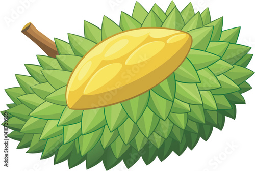 A vibrant vector art illustration showcasing a delicious durian fruit, highlighting its spiky exterior and creamy, rich yellow interior.