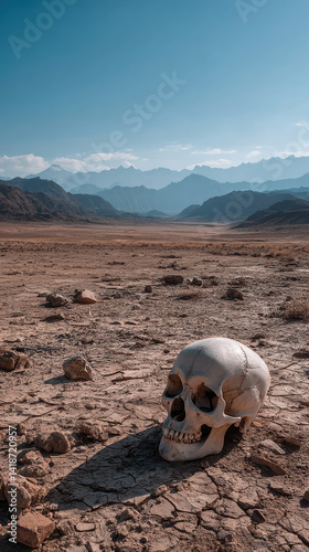 human skull lies on barren desert landscape under clear blue sky