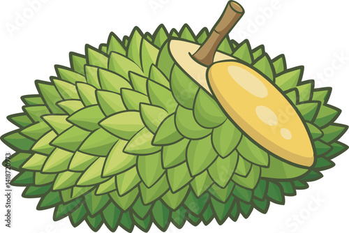 A vibrant vector art illustration showcasing a delicious durian fruit, highlighting its spiky exterior and creamy, rich yellow interior.