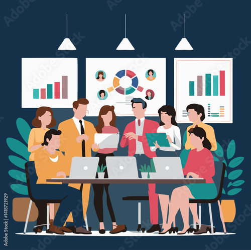 33.eps“Illustration of a modern office team collaboration scene with business professionals analyzing charts and working on laptops. Flat vector art with corporate elements, suitable for presentations