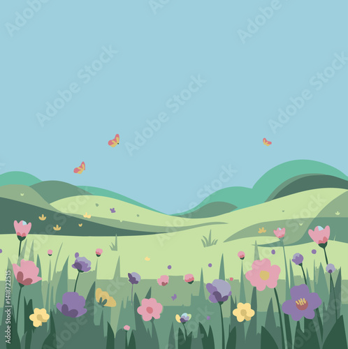 34.eps“Whimsical flat illustration of a spring landscape with blooming flowers, butterflies, trees, and hills. Bright pastel colors and playful nature theme, perfect for children’s designs, storybooks