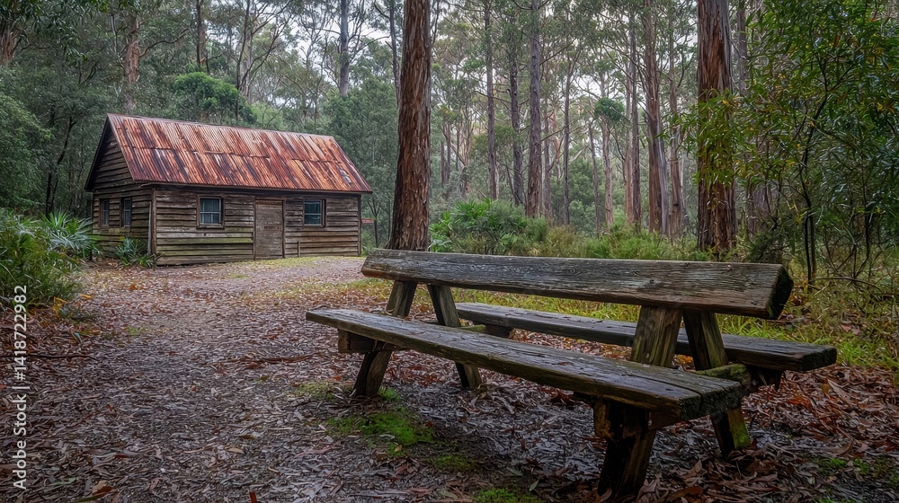 Rustic cabin in a forest clearing surrounded by tall trees Rustic cabin in a forest clearing surrounded by tall trees