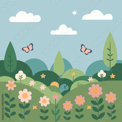 36.eps“Whimsical flat illustration of a spring landscape with blooming flowers, butterflies, trees, and hills. Bright pastel colors and playful nature theme, perfect for children’s designs, storybooks