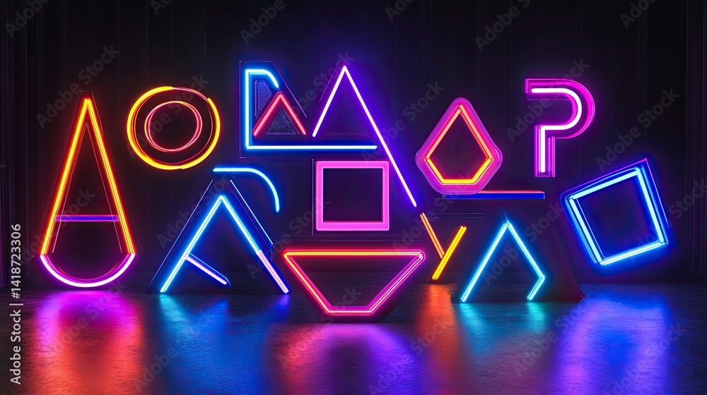 Neon geometric shapes illuminated against a dark wall adding a modern touch Neon geometric shapes illuminated against a dark wall adding a modern touch