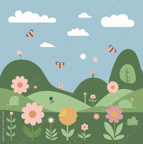 38.eps“Whimsical flat illustration of a spring landscape with blooming flowers, butterflies, trees, and hills. Bright pastel colors and playful nature theme, perfect for children’s designs, storybooks