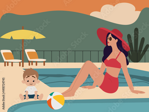 Mother and son relaxing by the swimming pool