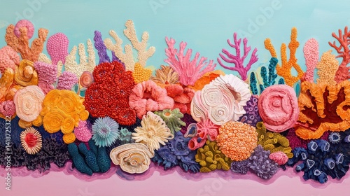 A vibrant coral reef scene featuring colorful corals in various shapes and sizes against a soft blue background, showcasing marine biodiversity.