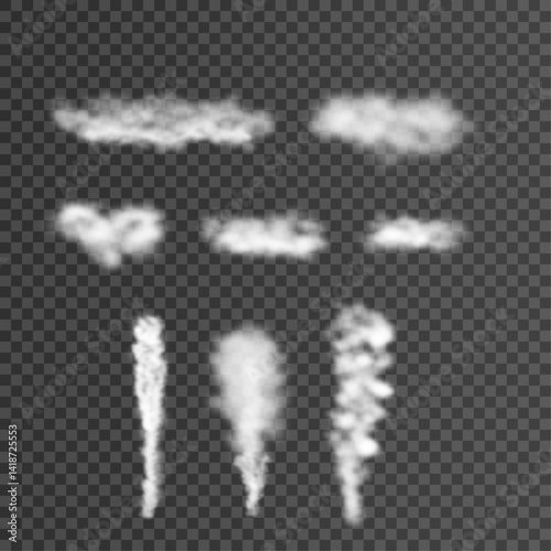 Collection of realistic smoke and soft cloud shapes isolated on white background. Vector elements for easy integration into any design. Perfect for photo manipulation, banners, or air effects.