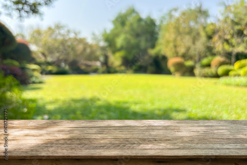 Empty wood table top with abstract blur park garden background