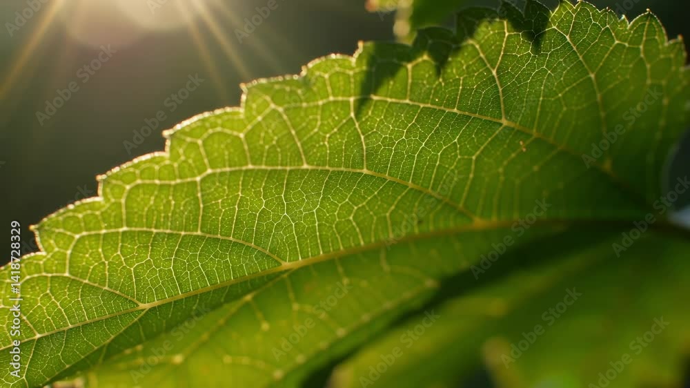 Close-Up of a Sunlit Green Leaf Showcasing Intricate Vein Patterns in Nature and Highlighting the Beauty of Plant Life and Photosynthesis at Dawn Close-Up of a Sunlit Green Leaf Showcasing Intricate Vein Patterns in Nature and Highlighting the Beauty of Plant Life and Photosynthesis at Dawn