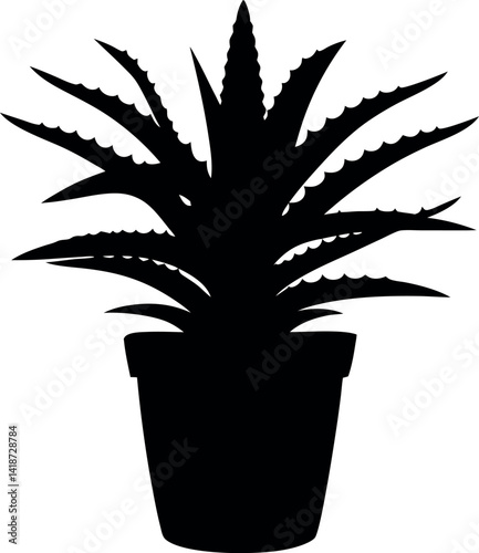 Aloe Vera Plant Silhouette, Potted Succulent, Spiky Leaves, Black and White, Houseplant