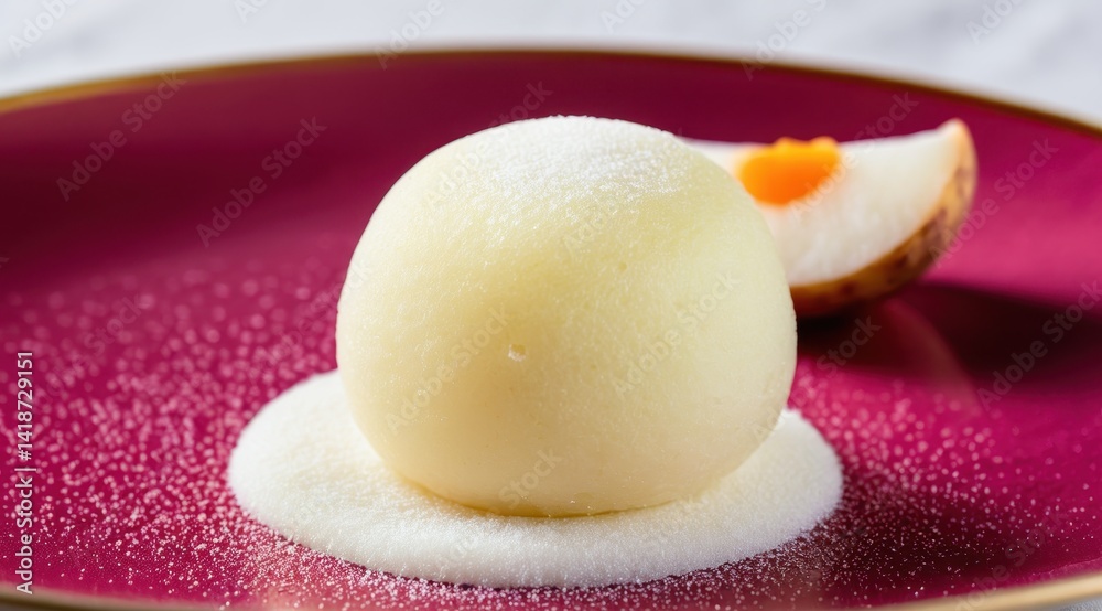 Golden pastry dusted with powdered sugar rests elegantly on a white plate, showcasing its fluffy texture against a soft background Golden pastry dusted with powdered sugar rests elegantly on a white plate, showcasing its fluffy texture against a soft background