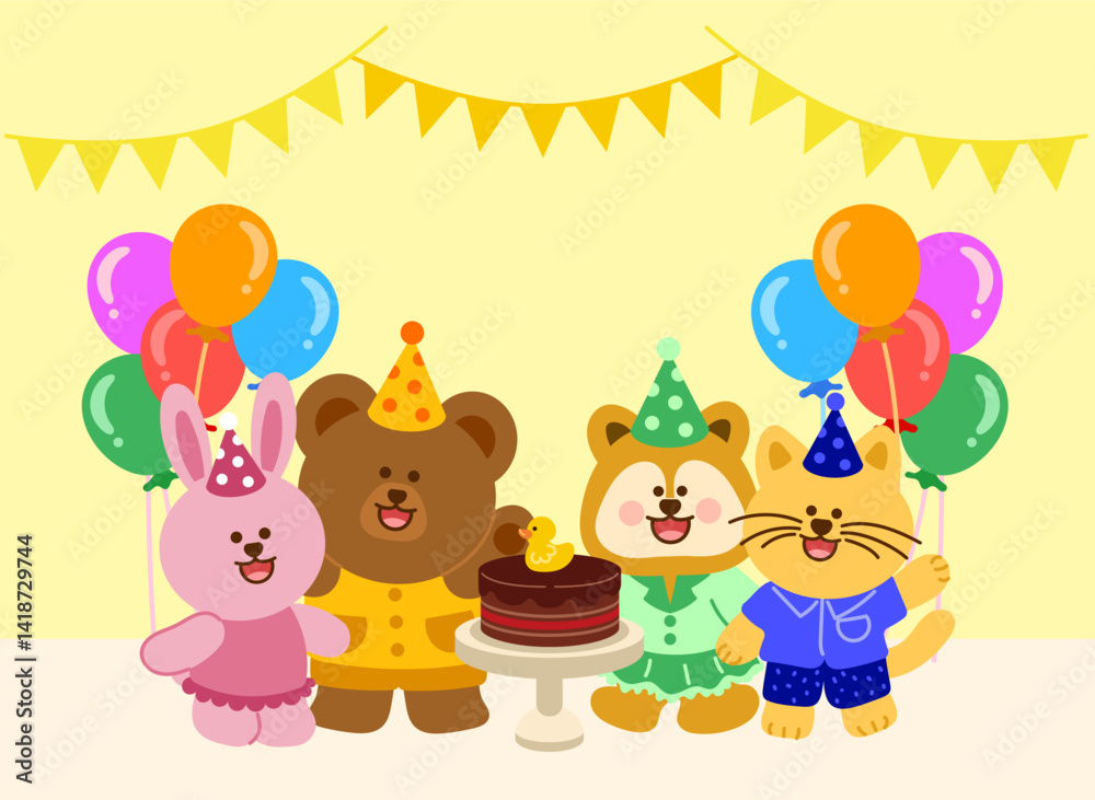 Obraz premium Animal friends have gathered to celebrate Children's Day and a birthday. A rabbit, bear, puppy, and cat, all wearing party hats. 