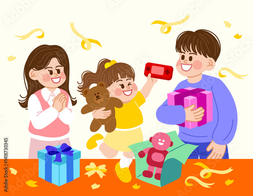 A child is delighted to receive a Nintendo game console as a gift on Children's Day, celebrated by both mom and dad. A warm and harmonious family. Family Month, birthday celebration.
