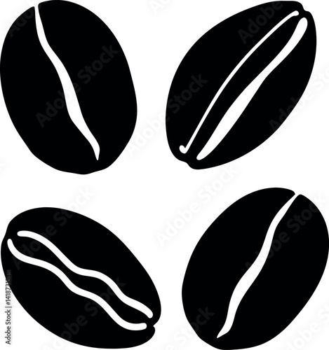 Coffee Bean Icon Set, Black Silhouette, White Background, Isolated, Minimalist, Clean