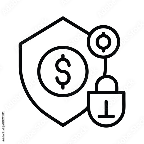 Security Shield Protecting Money with Padlock in Minimalist Line Style and Transparent Background