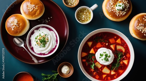 Wallpaper Mural Vibrant bowls of borscht with sour cream are displayed with fresh dill, bread rolls, and garlic, creating a visually appealing culinary composition on a dark surface Torontodigital.ca