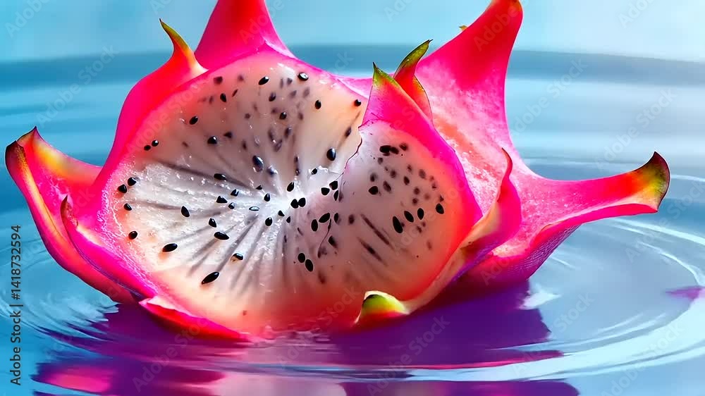 Vibrant dragon fruit floating on tranquil water surface
