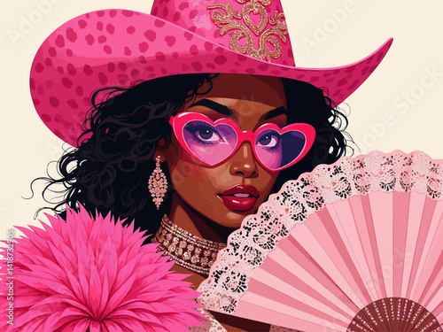 Airbrushed clipart of a beautiful Black woman in pink, cheetah and white cowboy attire 