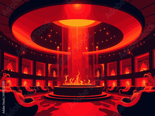  interior view, private club, hell themed, immense circular room with a large stage in the centre, red and black furnitures