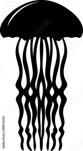 Black Jellyfish Silhouette Isolated on White Background, Ocean Creature Icon, Sealife