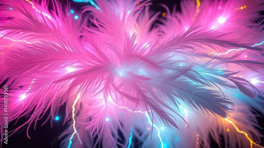 Obraz premium Feather on black background, neon light feather wallpaper, feather background