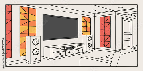 Modern home cinema system with flat tv against colorful acoustic panels - 3d rendering
