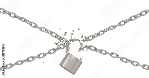 Liberation 3D Render: Broken chains and exploded padlock hook. Symbolizing release, independence. High-quality image.