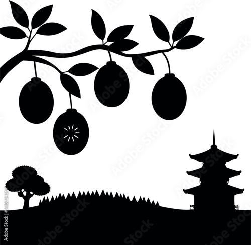 Silhouette of Citrus Tree Branch with Fruit and Japanese Pagoda on Hillside View