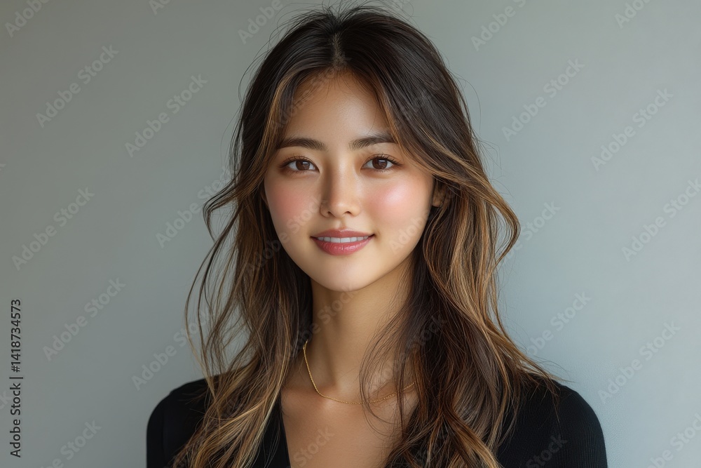 Fototapeta premium Portrait of a smiling woman with long brown hair