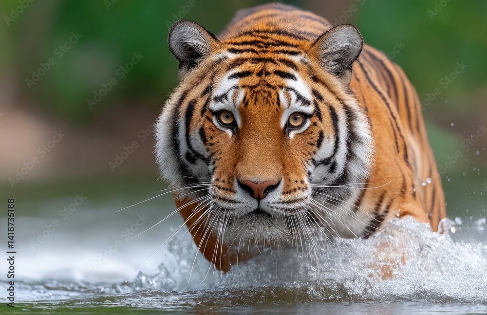 Fototapeta premium A tiger is running through the water, with superb motion capture photography