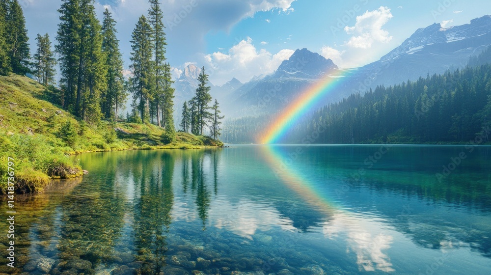 Naklejka premium Rainbow over Serene Mountain Lake