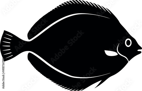 Flatfish Silhouette, Marine Animal, Seafood, Isolated Vector, Black and White Design