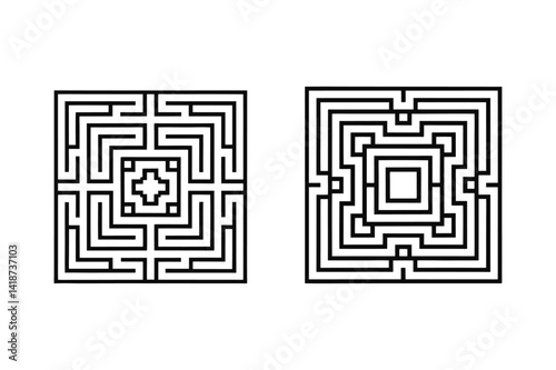 Maze or labyrinth game for kids. Square Maze – Black and White Geometric Pattern, Minimalist Labyrinth Design.