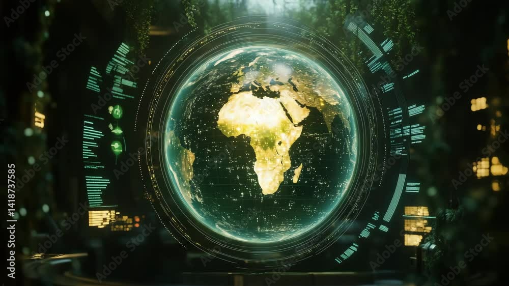 Rotating hologram of Earth globe with digital interface