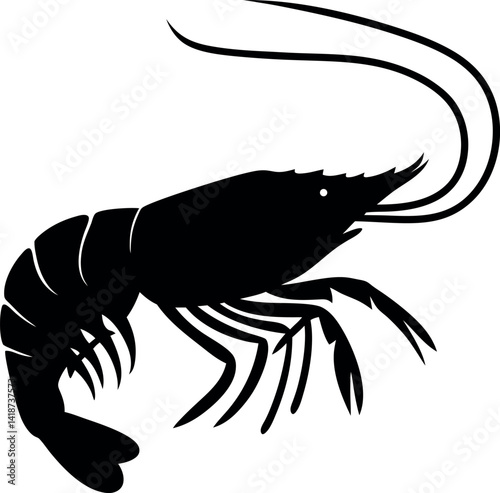 Shrimp Silhouette, Seafood Illustration, Monochrome Arthropod, Black on White Design