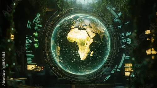 Rotating hologram of Earth globe with digital interface