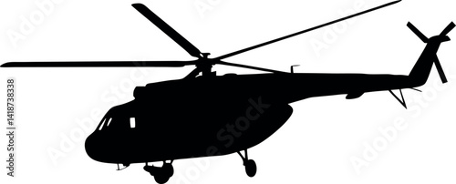 Isolated Silhouette of Helicopter with Rotating Blades on White Background