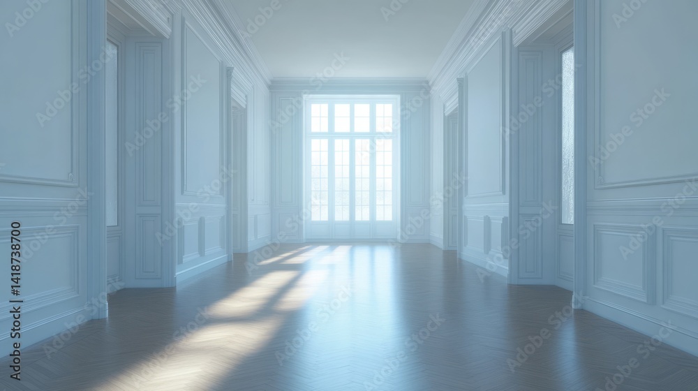 Fototapeta premium A bright and spacious white hallway with a large window
