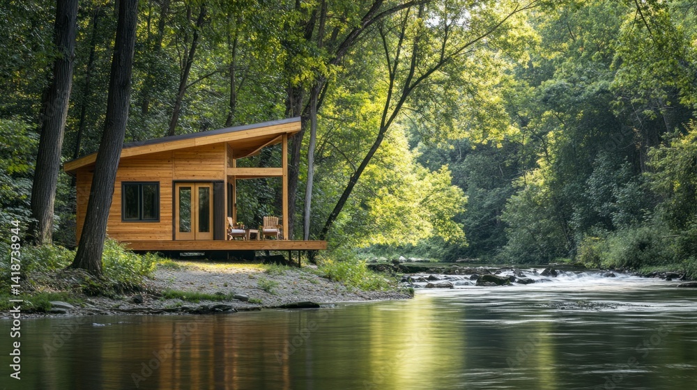 Obraz premium Tranquil wooden cabin retreat nestled within a serene forest landscape