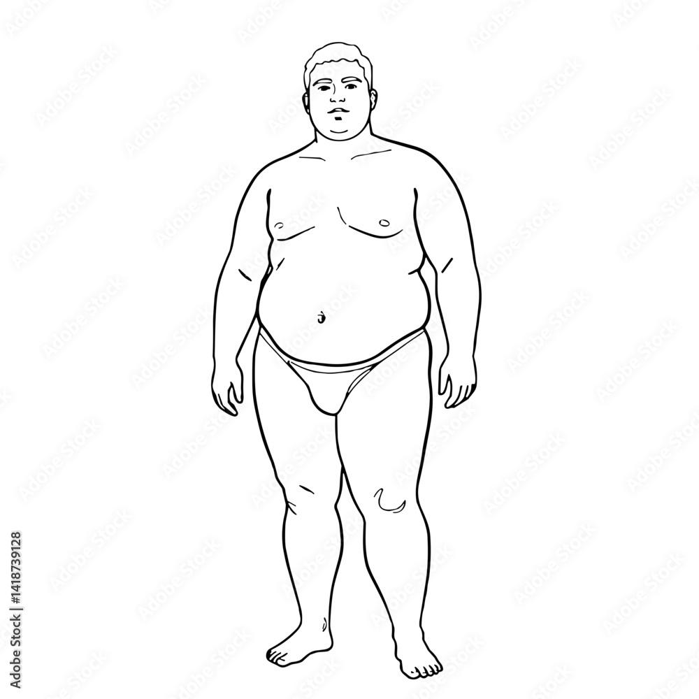 Fototapeta premium Minimalistic line art illustration of a young man with excess weight standing on white background 