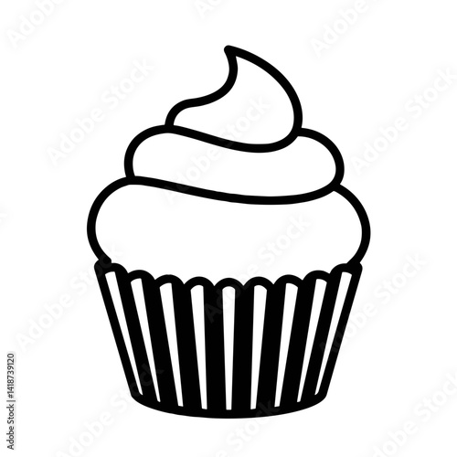 Minimalistic line art illustration of a cupcake with frosting on white background 