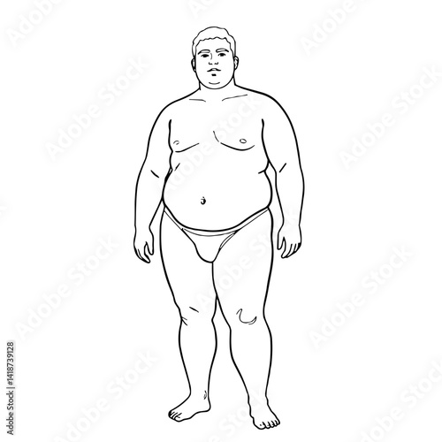 Minimalistic line art illustration of a young man with excess weight standing on white background 