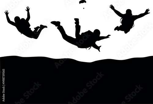 Silhouette Skydivers Group Leaping Figures on a White Background over Wave Pattern