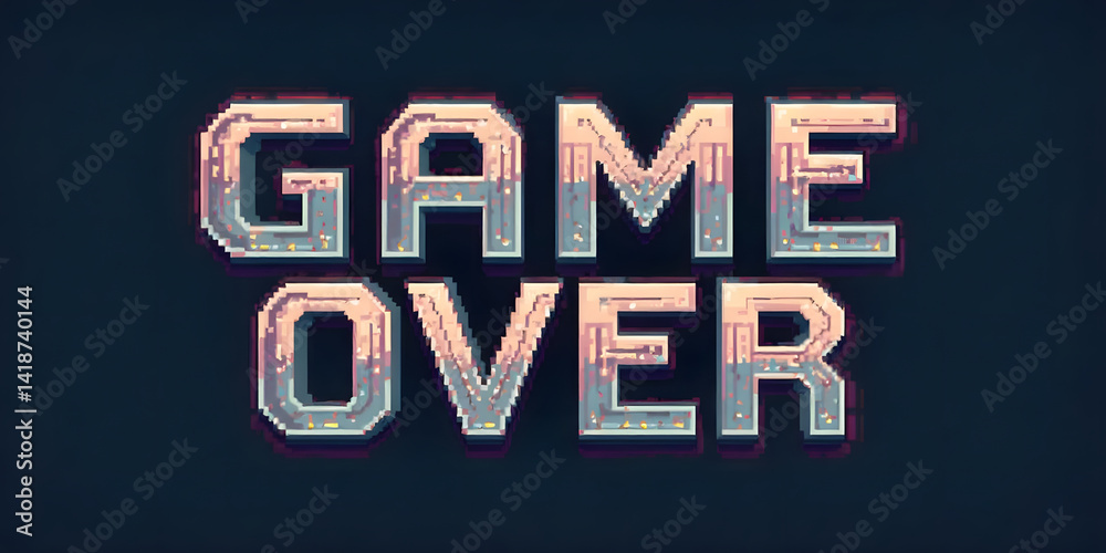 Fototapeta premium A stylized 'game over' message in pixel art style against a dark, inviting background.