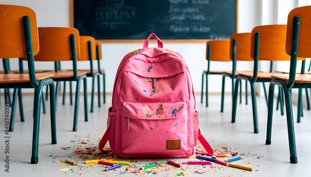 Stained pink backpack on classroom floor, symbolizing bullying and social exclusion