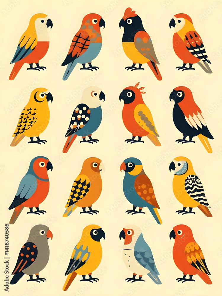 A collection of colorful parrot illustrations showcasing diverse species on a neutral cream background. A collection of colorful parrot illustrations showcasing diverse species on a neutral cream background.