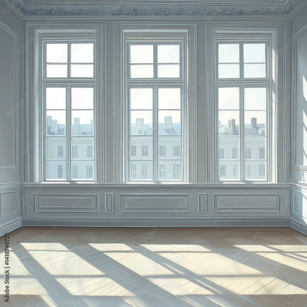 Bright light illuminates an empty classical room through large windows Bright light illuminates an empty classical room through large windows