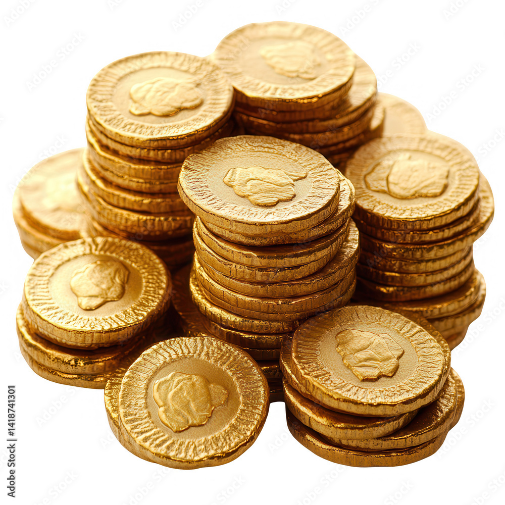 Stacks of golden chocolate coins against a black background